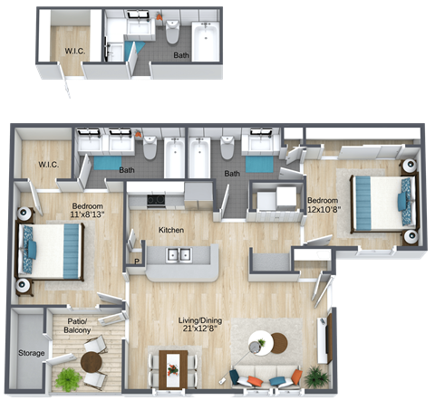 Floor plan for 2 beds, 2 baths, 982 sqft
